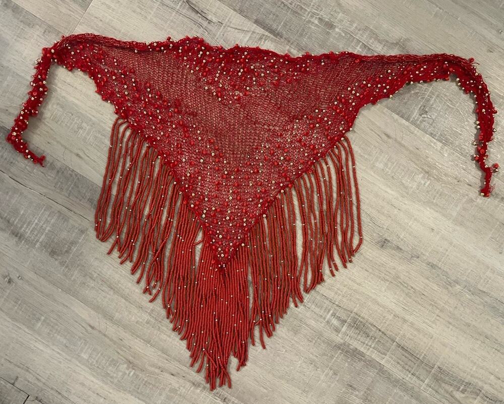 VTG Long Fringe Beaded Bib Scarf Crocheted Macrame Belly Dance Hip Belt Western